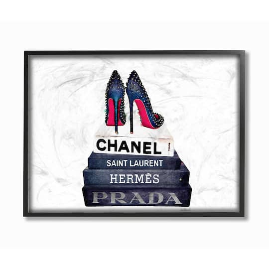 Stupell Industries Fashion Book Stack & Black Pumps Wall Art in Black Frame
